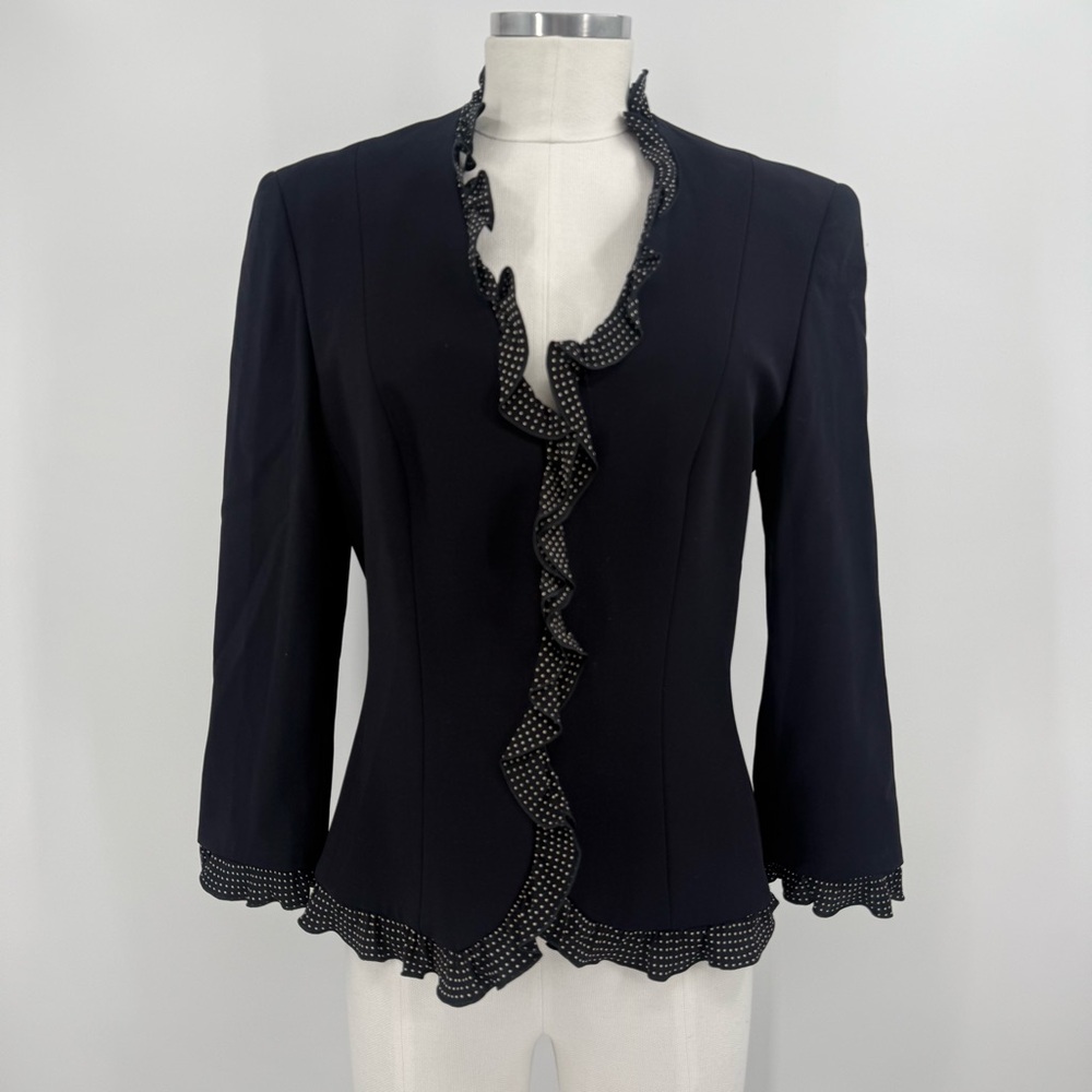 Escada Navy Blue Wool Blazer with Polka Dot Ruffle Trim Size 38 / US Small